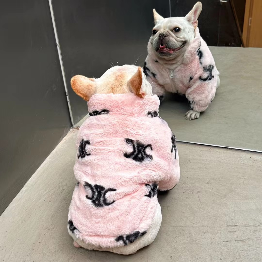 CELINE Dog Pink Fur Coat. worn by french bulldog in an elevator looking in a mirror 