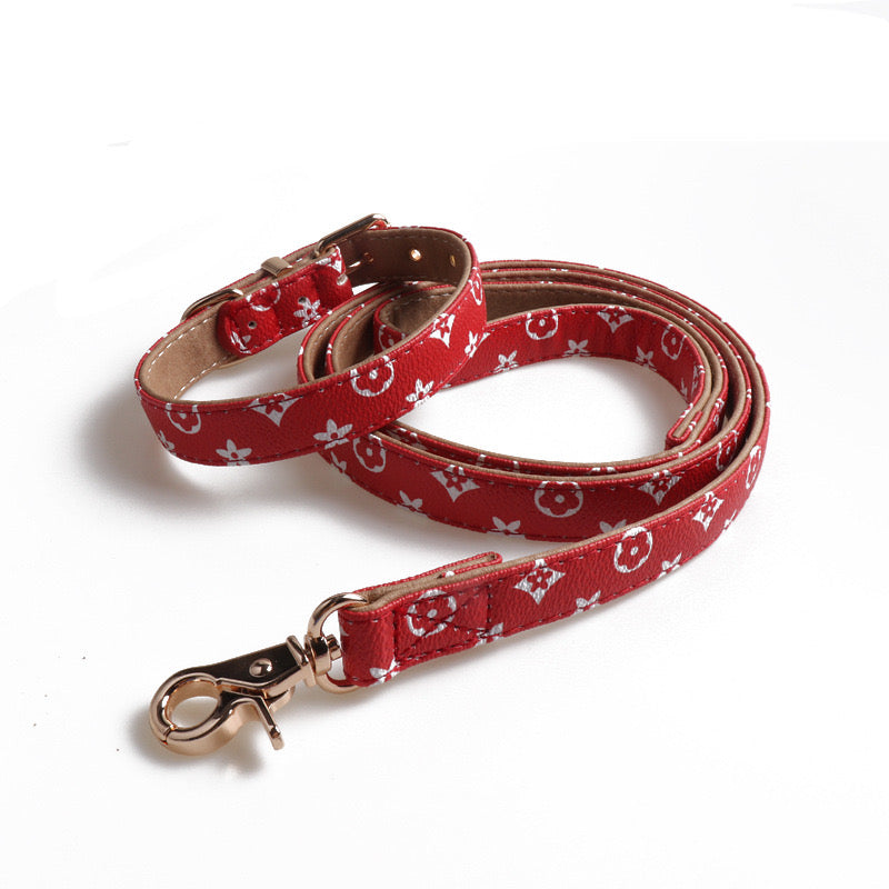 LV Dog Leather Collar & Leash Set