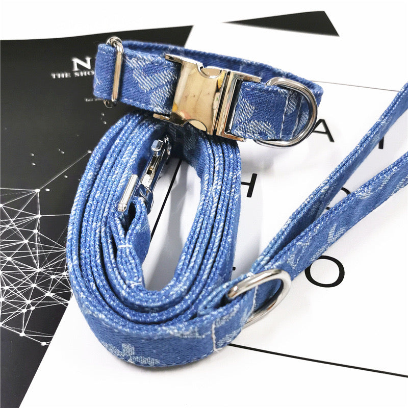 LV Dog Denim Collar & Leash Set